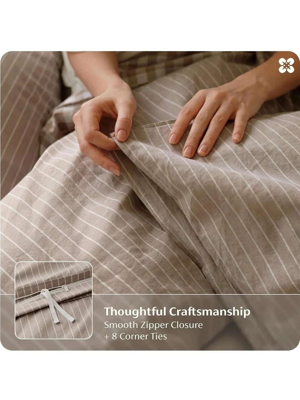 NEW Bedsure Striped Duvet Cover Set. Queen, 100% Washed Cotton. Linen‑Like. 3 PC